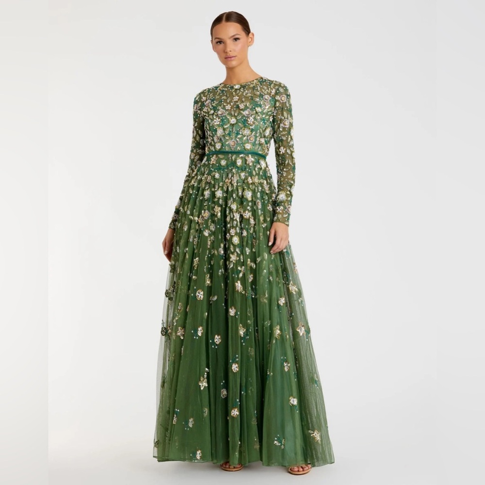 Mac Duggal Green Embellished High Neck Long Sleeve A Line Gown in Sage